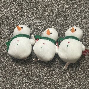 Set of Three Ty Jingle Beanies Collection Lil Snow Snowman Plush Toys